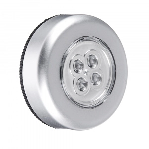 Светильник - ночник нажимной, св/д. 4LED (3xААА) на липучке,  серебр/пласт+металл КРУГ d-6,5см